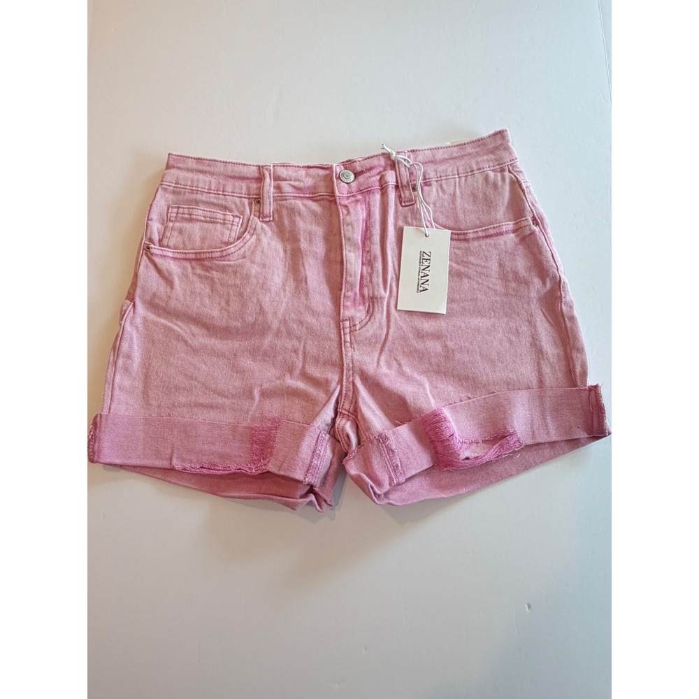Zenana Women Pink Acid Wash High Rise Cuffed Denim Shorts Size L